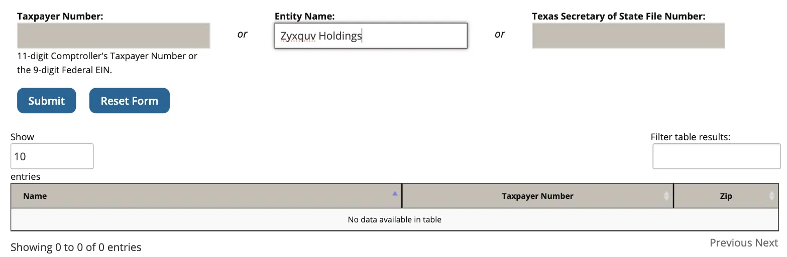 Texas Comptroller search returning No data available in table for an LLC name typed with the LLC suffix