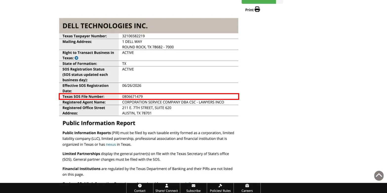 Texas Comptroller account status page for Dell Technologies Inc. with the Texas SOS File Number row highlighted