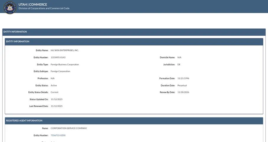 Utah business record for Nu Skin Enterprises, Inc. with entity number and principal information