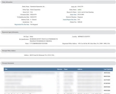 Virginia SCC record for Dominion Generation, Inc. with principal table and director column