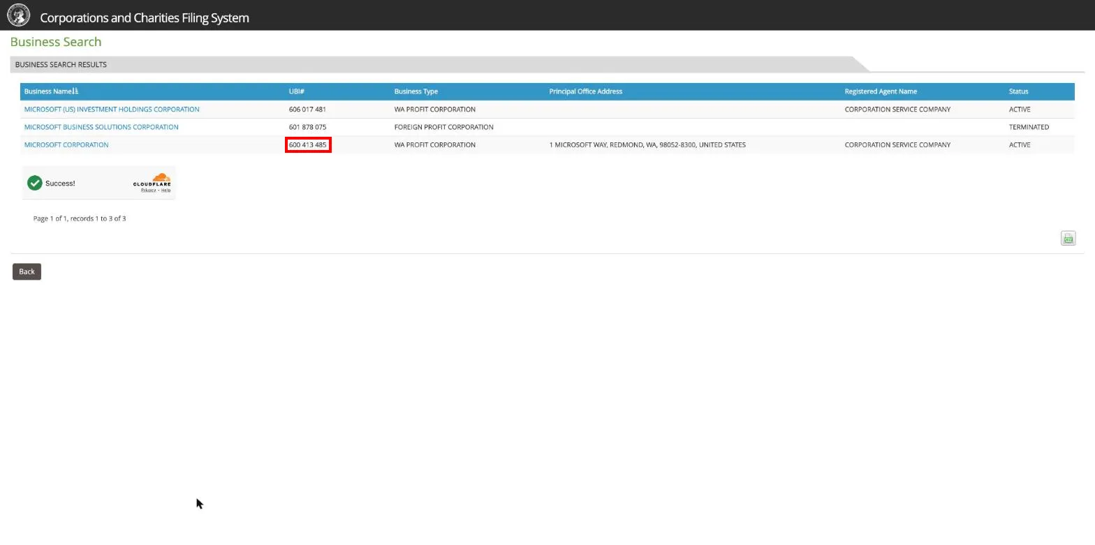 Washington Corporations and Charities Filing System search results showing the UBI column for Microsoft Corporation