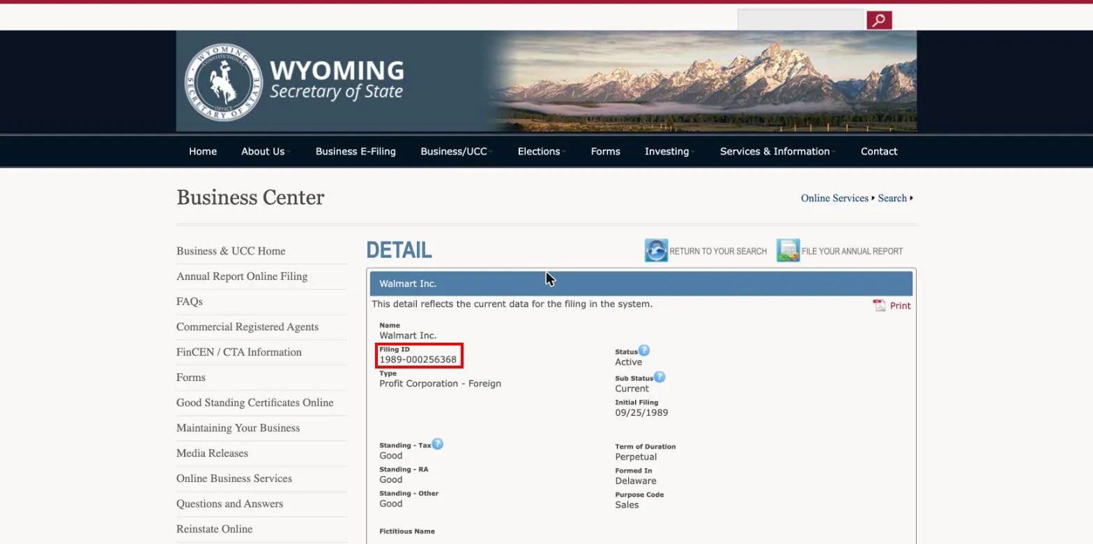 Wyoming Secretary of State business detail page for Walmart Inc. with the Filing ID field highlighted